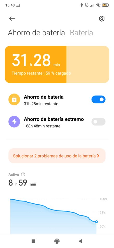 Modo ahorro de batería activo en un móvil Xiaomi